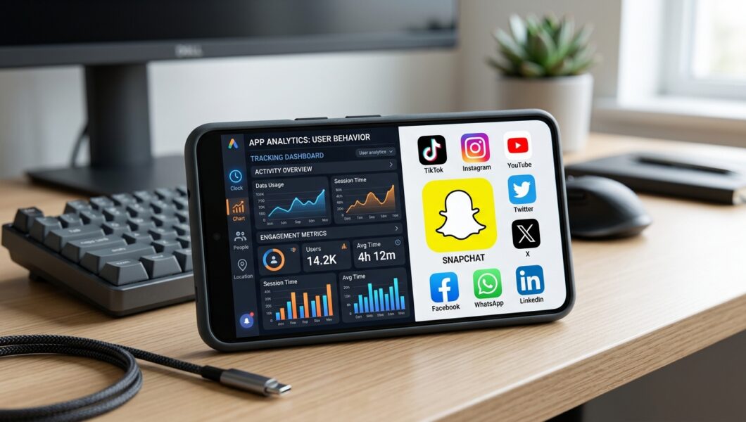 A smartphone on a desk displays an app analytics dashboard alongside a grid of social media icons.