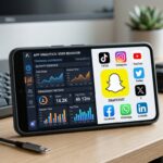 A smartphone on a desk displays an app analytics dashboard alongside a grid of social media icons.