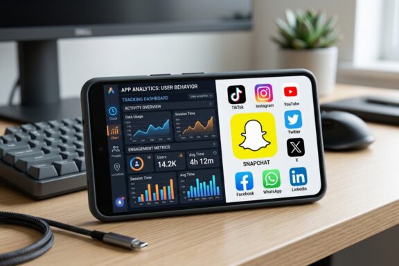 A smartphone on a desk displays an app analytics dashboard alongside a grid of social media icons.