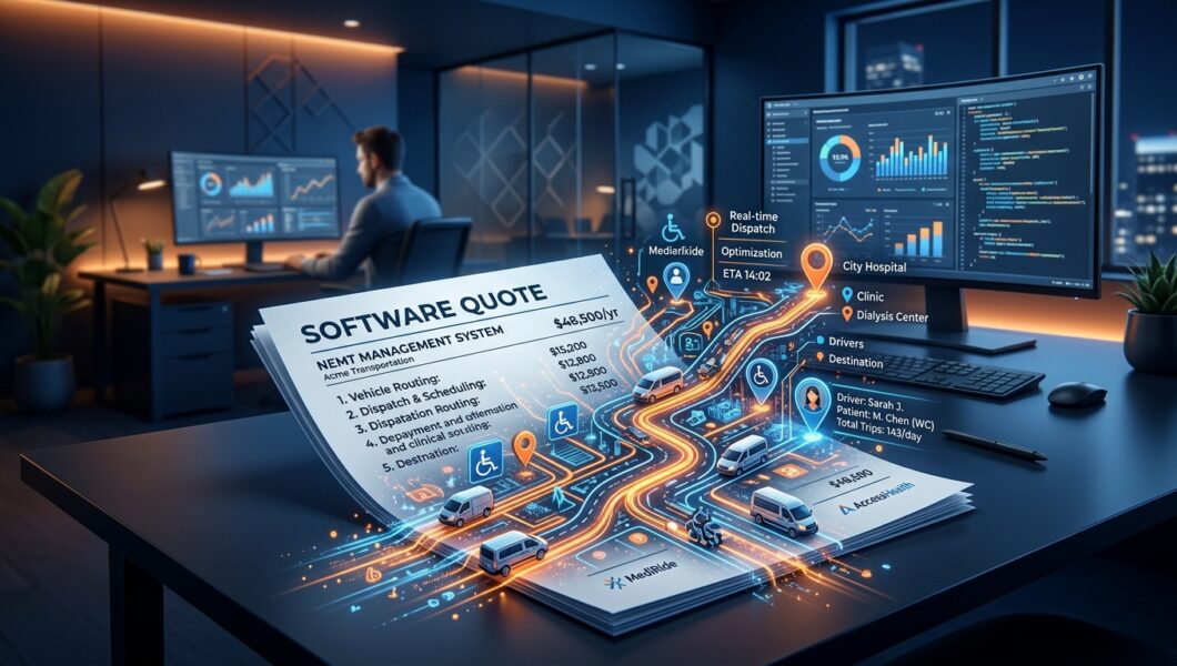 A futuristic 3D graphic showing a digital software quote on a desk, projecting a glowing, holographic transit route map.