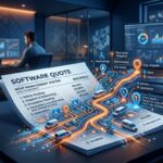 A futuristic 3D graphic showing a digital software quote on a desk, projecting a glowing, holographic transit route map.