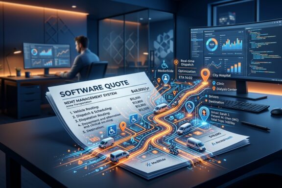 A futuristic 3D graphic showing a digital software quote on a desk, projecting a glowing, holographic transit route map.