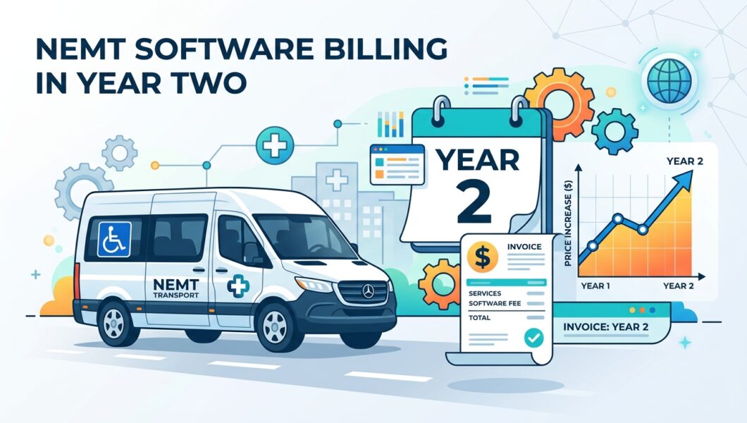 An illustration of an NMT transport van alongside a calendar marked "Year 2," an invoice, and a rising price graph.