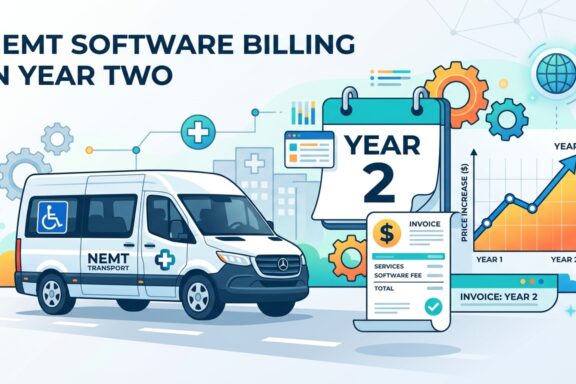 An illustration of an NMT transport van alongside a calendar marked "Year 2," an invoice, and a rising price graph.