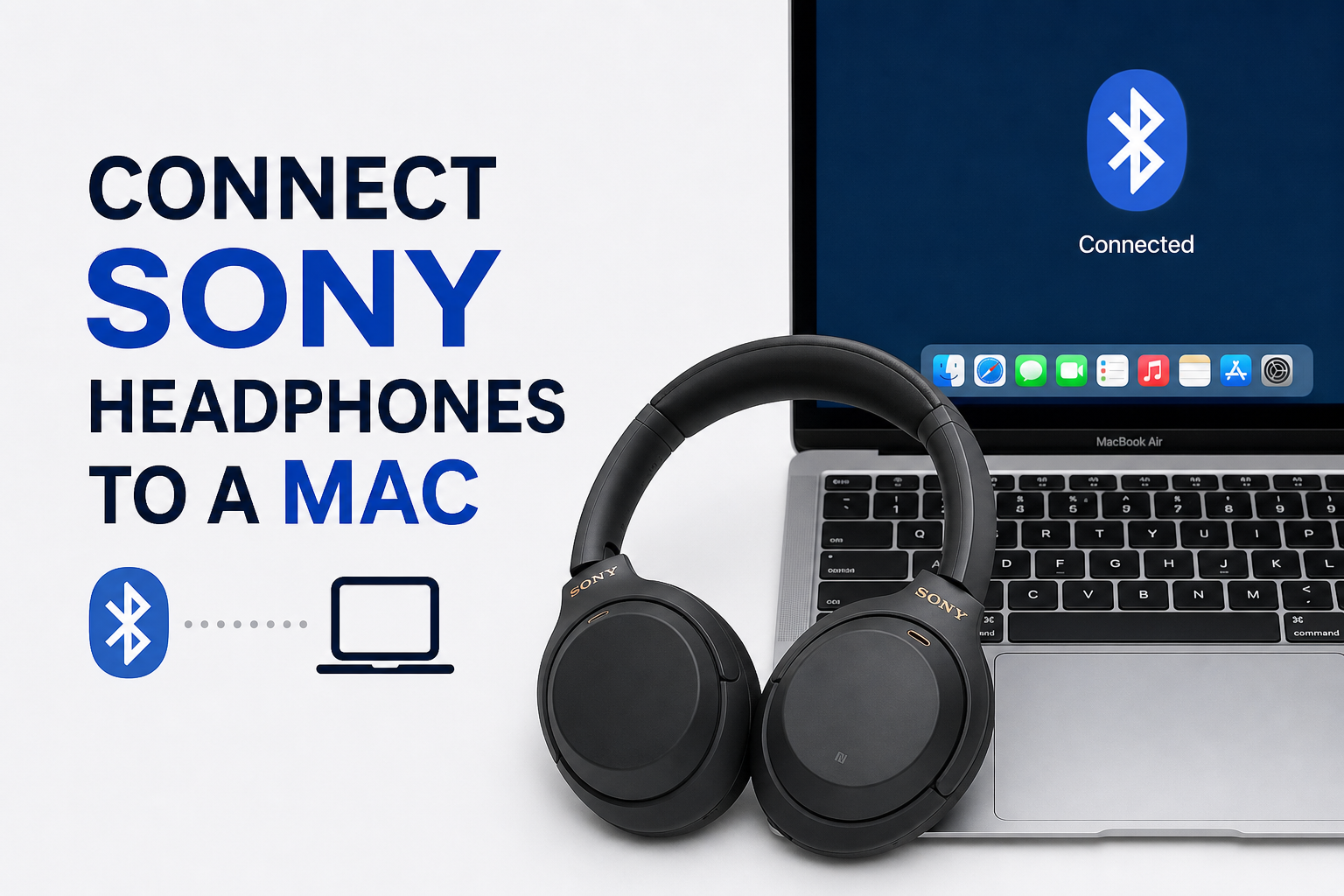 Black Sony wireless headphones rest on an open MacBook laptop next to instructional tech tutorial text.