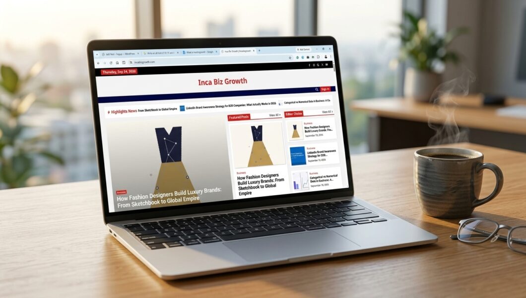 A laptop open on a wooden table displays a business website next to a coffee mug.