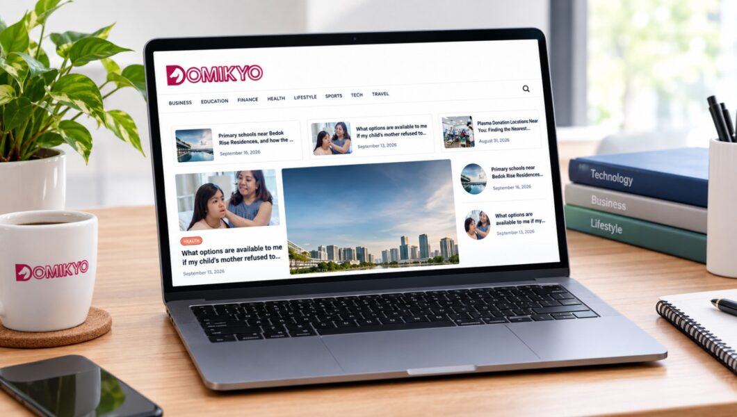 A laptop open on a wooden desk displaying a website homepage with an array of articles.