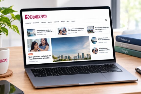 A laptop open on a wooden desk displaying a website homepage with an array of articles.