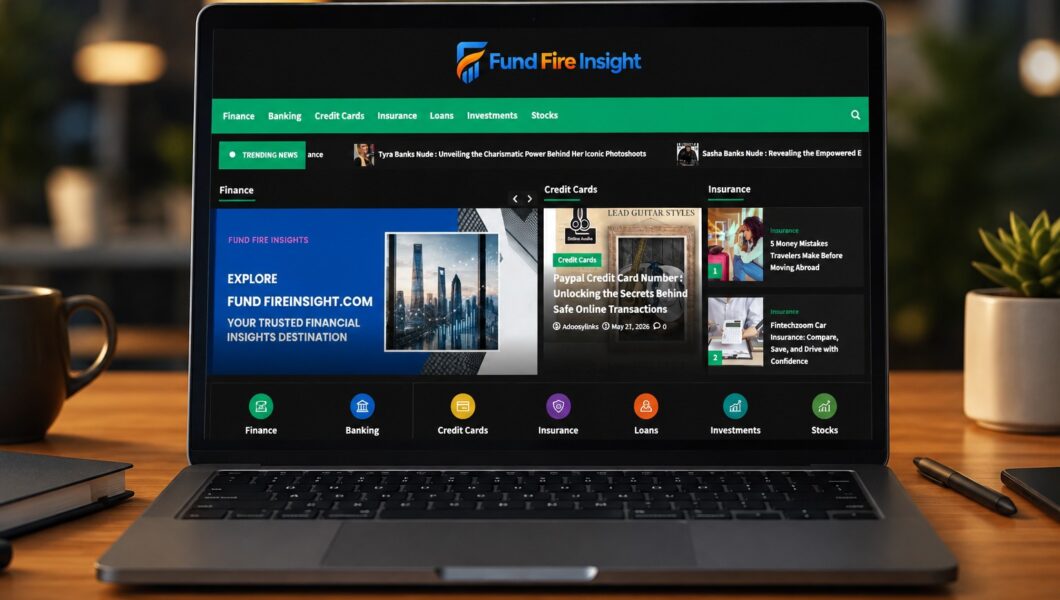 A laptop open on a desk displays the home page of a financial website called FundFireInsight.
