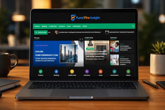 A laptop open on a desk displays the home page of a financial website called FundFireInsight.