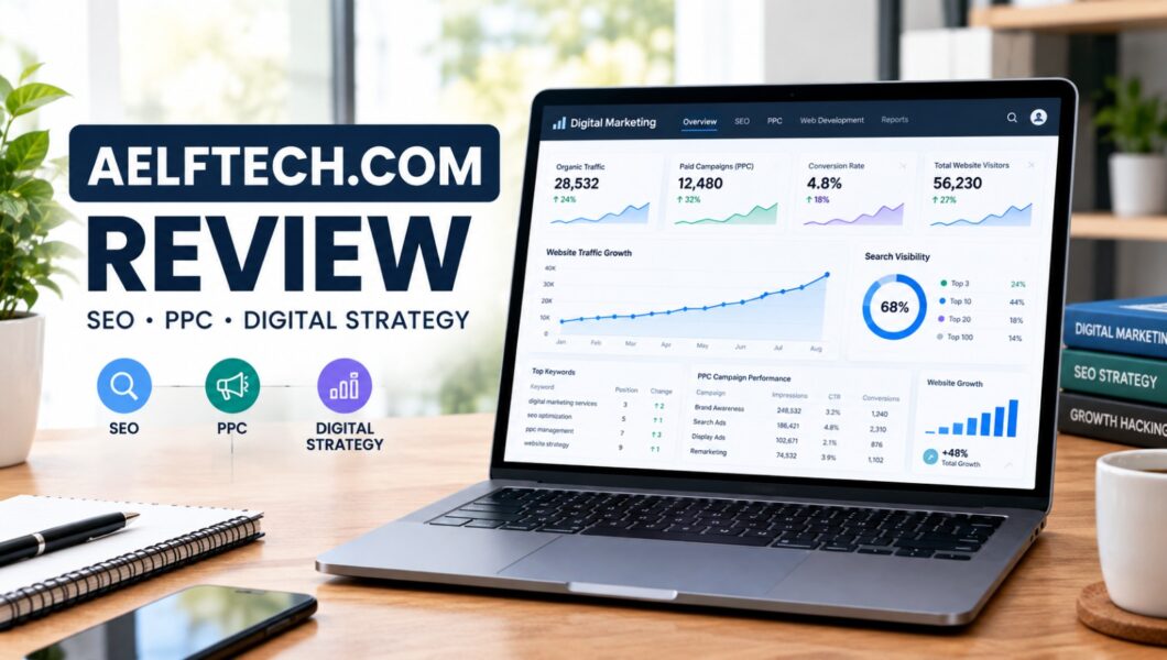 A laptop displaying digital marketing analytics dashboards next to promotional text for AELFTECH.COM review
