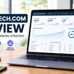 A laptop displaying digital marketing analytics dashboards next to promotional text for AELFTECH.COM review