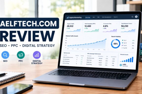 A laptop displaying digital marketing analytics dashboards next to promotional text for AELFTECH.COM review