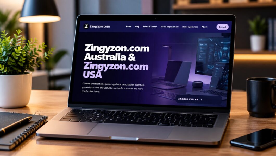 A open laptop on a wooden desk displaying the home page of the Zingyzon website.