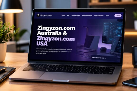 A open laptop on a wooden desk displaying the home page of the Zingyzon website.