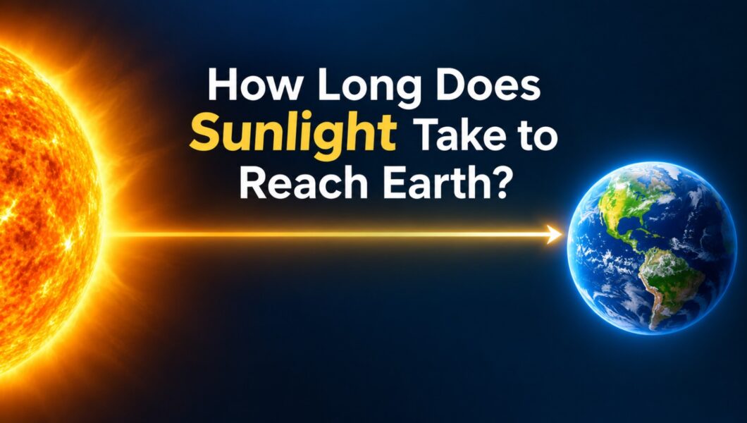 Sun and Earth asking how long sunlight takes to reach Earth.
