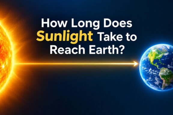 Sun and Earth asking how long sunlight takes to reach Earth.