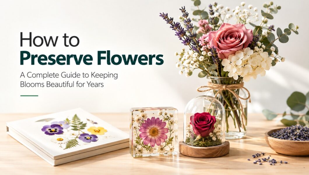 displaying various flower preservation methods on a table.