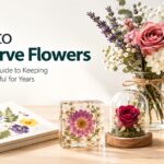 displaying various flower preservation methods on a table.