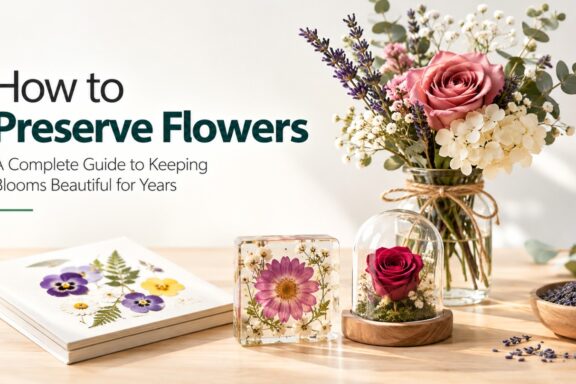 displaying various flower preservation methods on a table.