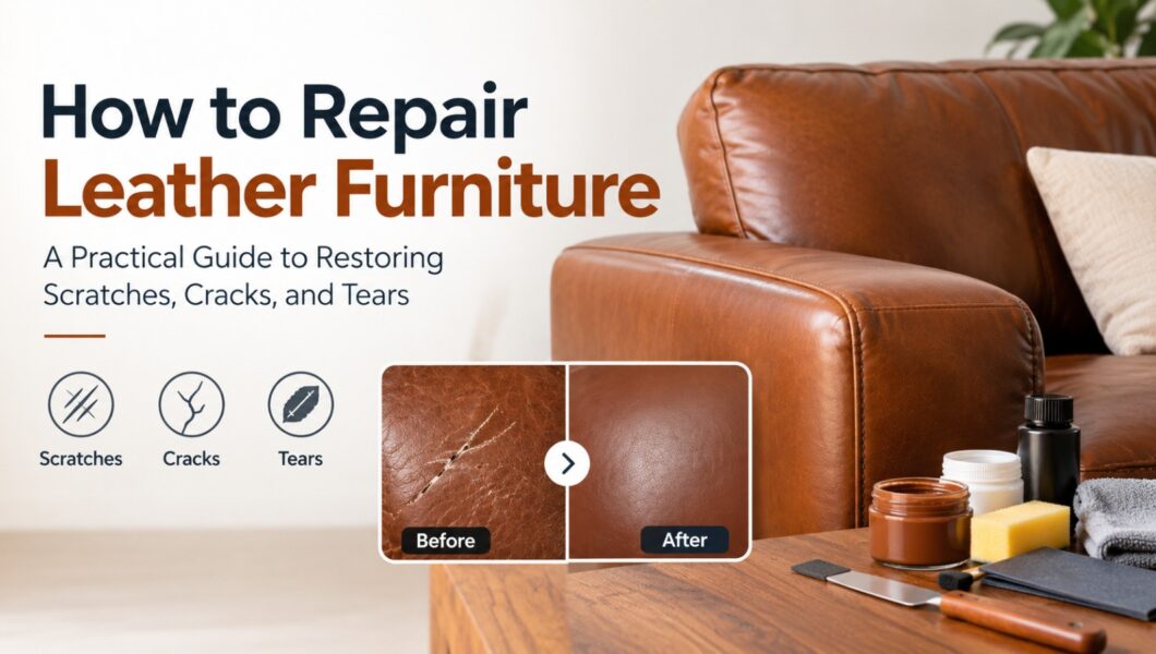 An instructional guide graphic showing a before-and-after comparison of repaired scratches on a brown leather sofa.