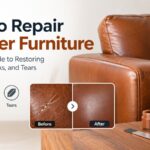 An instructional guide graphic showing a before-and-after comparison of repaired scratches on a brown leather sofa.