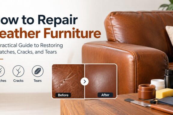 An instructional guide graphic showing a before-and-after comparison of repaired scratches on a brown leather sofa.