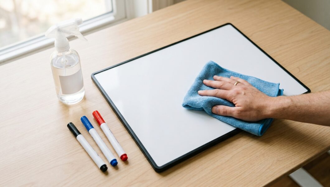 A hand uses a blue microfiber cloth to wipe a small whiteboard on a wooden desk.