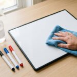 A hand uses a blue microfiber cloth to wipe a small whiteboard on a wooden desk.