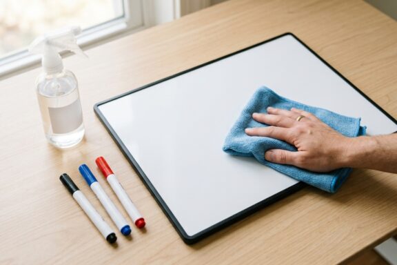 A hand uses a blue microfiber cloth to wipe a small whiteboard on a wooden desk.