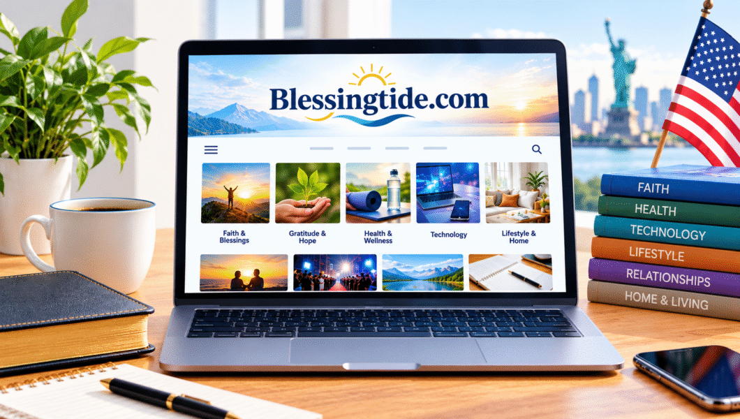 A laptop displaying the Blessingtide website on a desk next to stacked books and an American flag.