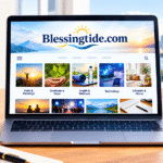 A laptop displaying the Blessingtide website on a desk next to stacked books and an American flag.