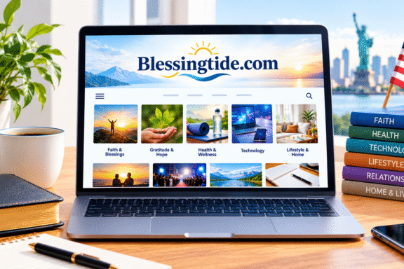 A laptop displaying the Blessingtide website on a desk next to stacked books and an American flag.