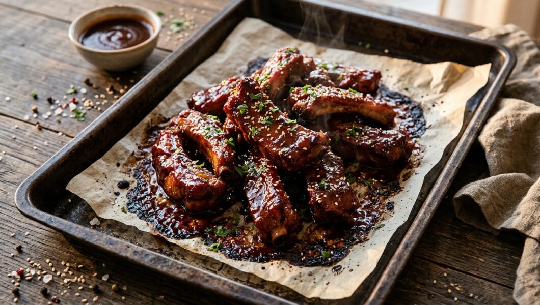 Tender glazed pork riblets on a baking sheet fresh out of the oven