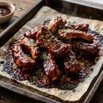 Tender glazed pork riblets on a baking sheet fresh out of the oven