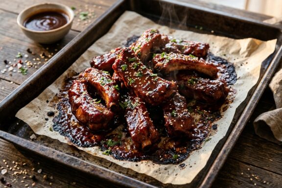 Tender glazed pork riblets on a baking sheet fresh out of the oven