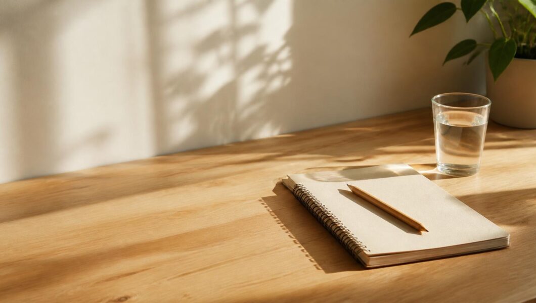 Minimal morning workspace with a notebook and water glass in natural sunlight.