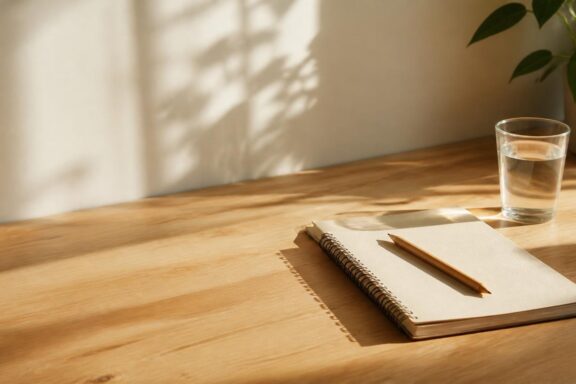 Minimal morning workspace with a notebook and water glass in natural sunlight.