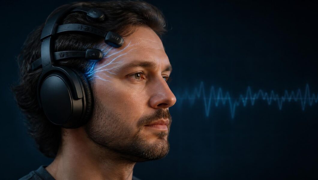 Photorealistic man wearing EEG brain-sensing headphones with subtle blue neural signals and waveform on a dark background.