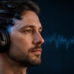 Photorealistic man wearing EEG brain-sensing headphones with subtle blue neural signals and waveform on a dark background.