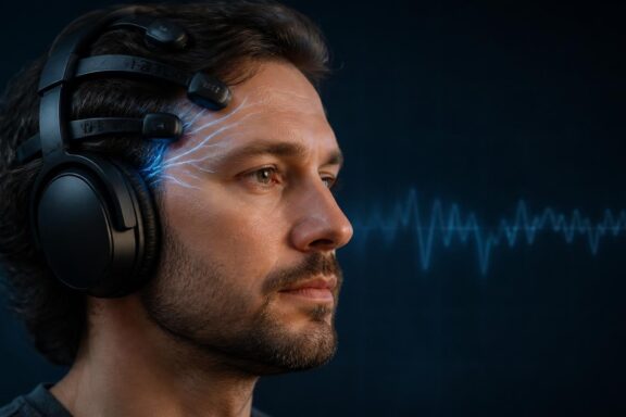 Photorealistic man wearing EEG brain-sensing headphones with subtle blue neural signals and waveform on a dark background.