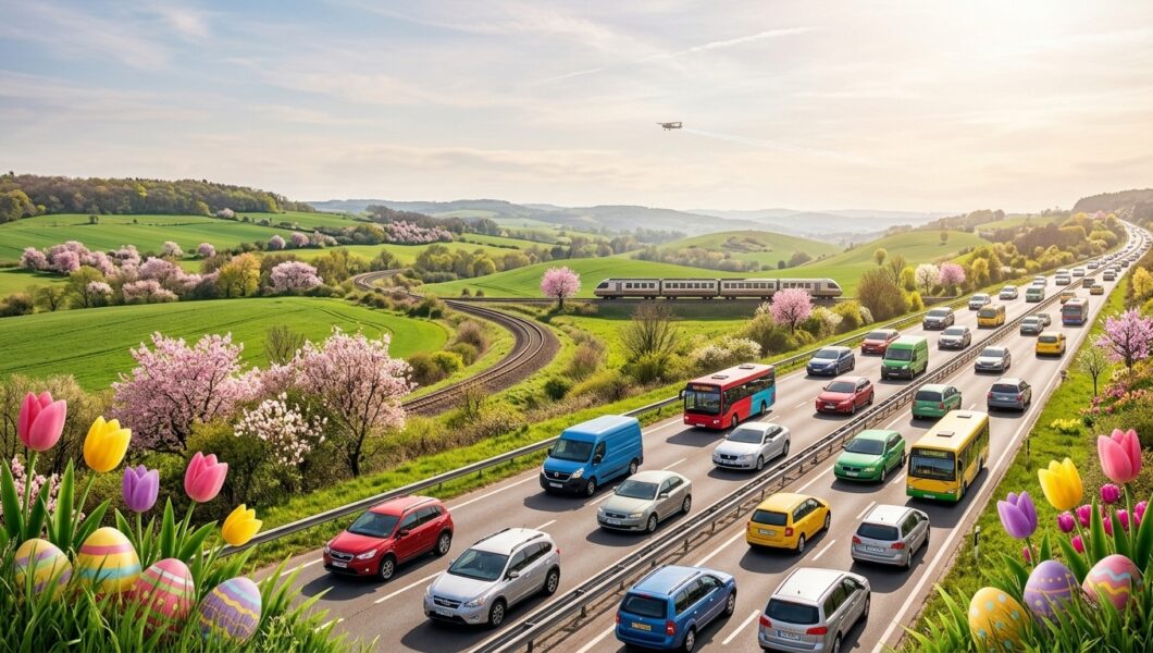 Busy highway and airport terminal during Easter weekend travel with spring flowers and pastel decorations