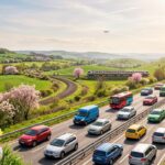 Busy highway and airport terminal during Easter weekend travel with spring flowers and pastel decorations