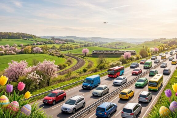 Busy highway and airport terminal during Easter weekend travel with spring flowers and pastel decorations