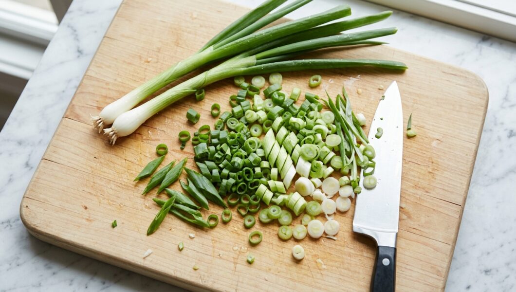 A chef's knife rests on a light wood cutting board alongside a pile of freshly chopped scallions and two whole stalks.