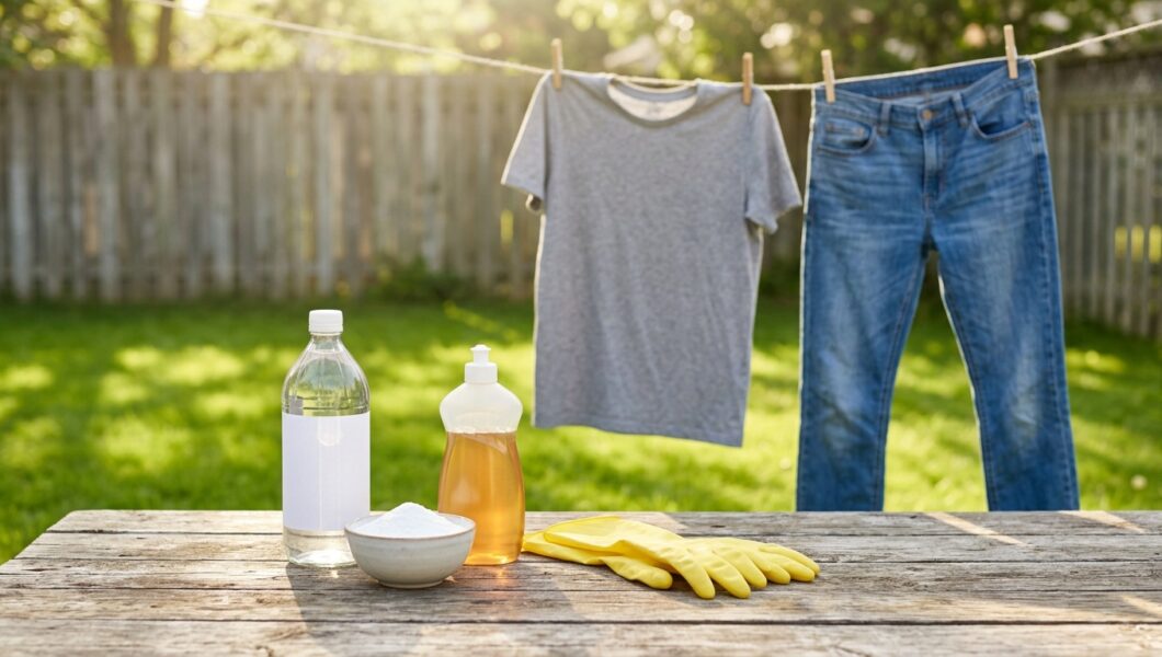 A close-up shot focuses on natural laundry supplies arranged on a rustic wooden table in a sunny, green backyard.