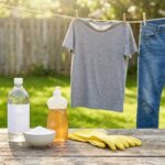 A close-up shot focuses on natural laundry supplies arranged on a rustic wooden table in a sunny, green backyard.