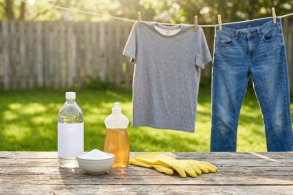A close-up shot focuses on natural laundry supplies arranged on a rustic wooden table in a sunny, green backyard.