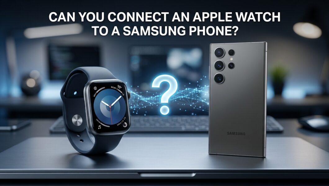An Apple Watch sitting next to a Samsung Galaxy Ultra smartphone on a desk with a large, glowing question mark floating between them. The text at the top reads: "CAN YOU CONNECT AN APPLE WATCH TO A SAMSUNG PHONE?"