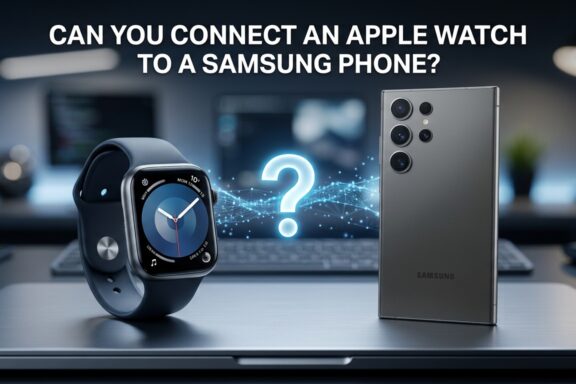 An Apple Watch sitting next to a Samsung Galaxy Ultra smartphone on a desk with a large, glowing question mark floating between them. The text at the top reads: "CAN YOU CONNECT AN APPLE WATCH TO A SAMSUNG PHONE?"
